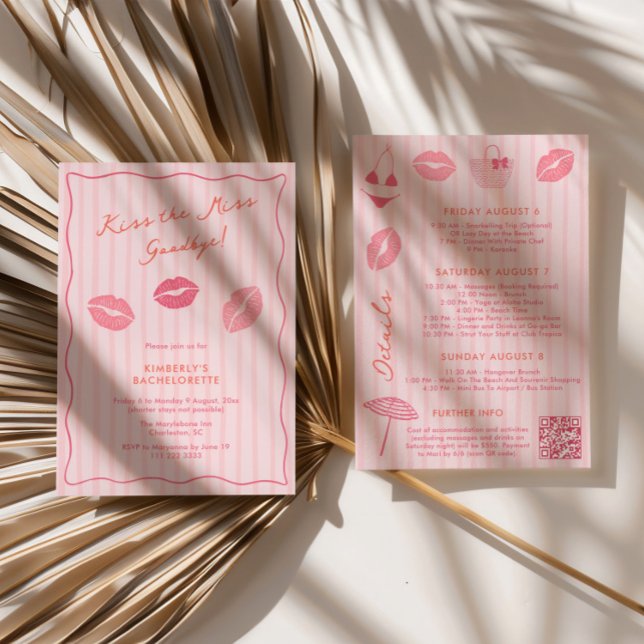 Invitation Trendy Kiss The Miss Goodbye Bachelorette Weekend (Modern Trendy Kiss the Miss Goodbye Pink Bachelorette Weekend Itinerary Invitations)