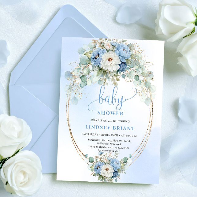 Invitation Trendy Light Blue Flowers Greenery Baby Shower  (Trendy Light Blue Flowers Greenery Baby Shower Invitation)