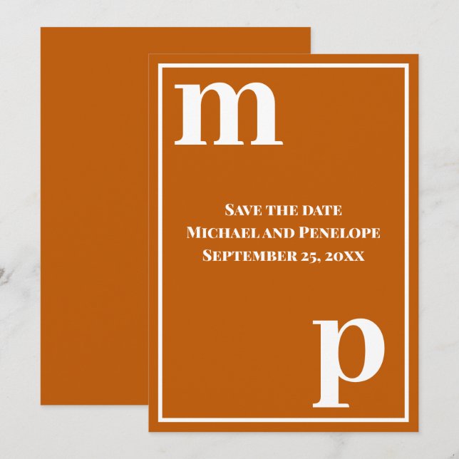 Invitation Trendy mignon Monogram Burnt Orange Enregistrer la (Devant / Derrière)
