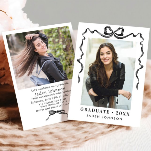 Invitation Trendy Neutral Bow Ribbon 2 PHOTO Graduation Party (Créateur téléchargé)
