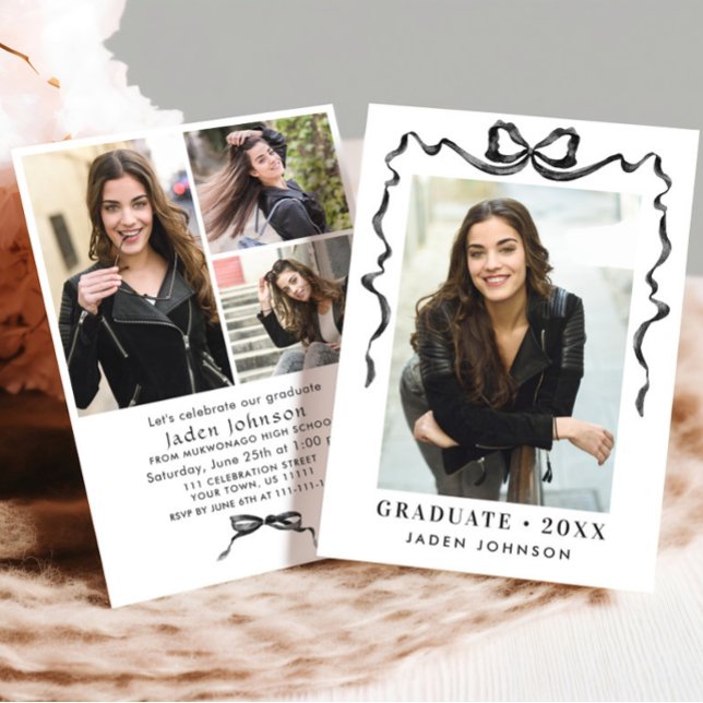 Invitation Trendy Neutral Bow Ribbon 4 PHOTO Graduation Party (Créateur téléchargé)