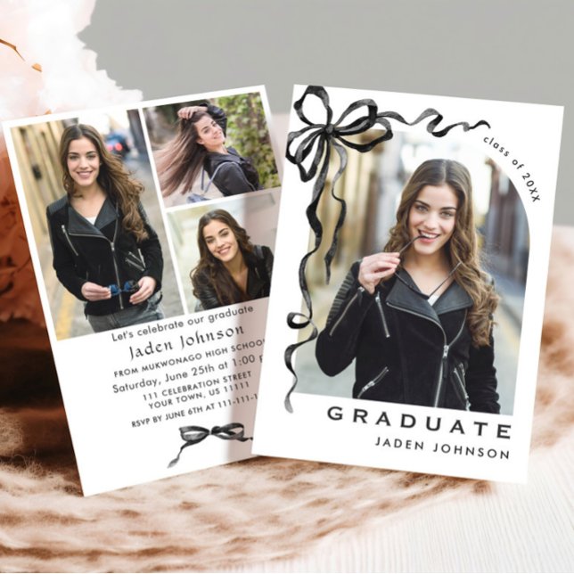 Invitation Trendy Neutral Bow Ribbon 4 PHOTO Graduation Party (Créateur téléchargé)