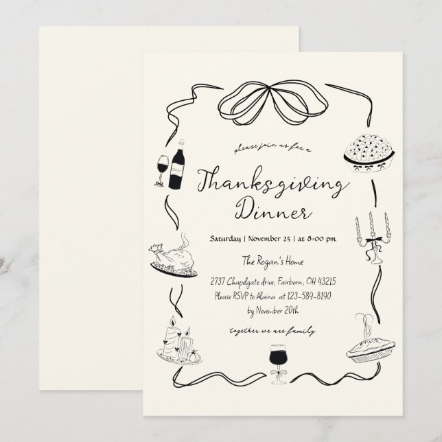 Invitation Trendy Quirky Hand Drake Scribble Thanksgiving (Devant / Derrière)