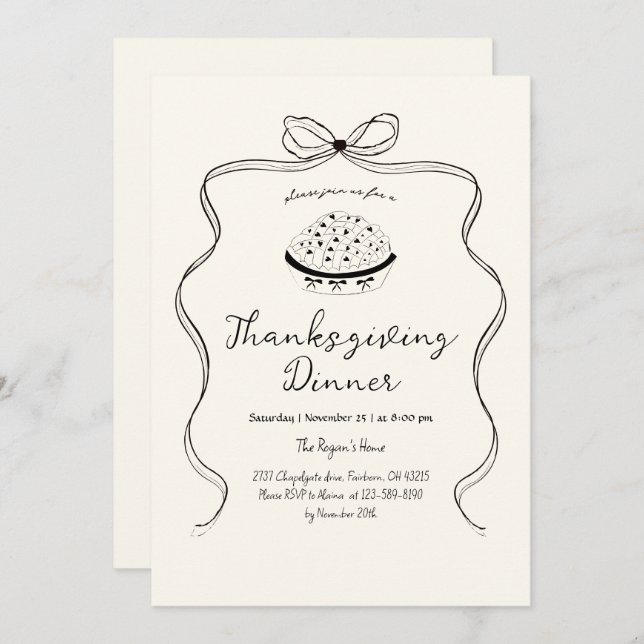 Invitation Trendy Quirky Hand Drake Wavy Pie Thanksgiving (Devant / Derrière)