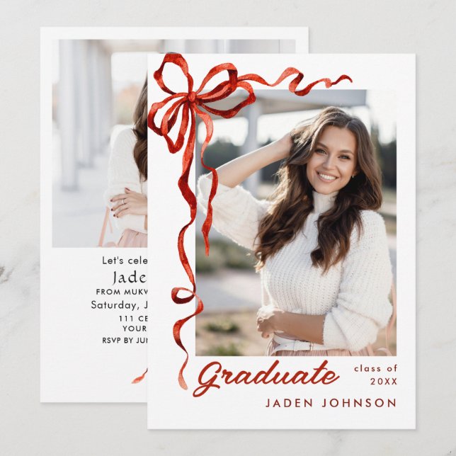 Invitation Trendy Red Bow Ribbon 2 PHOTO Graduation Party (Devant / Derrière)