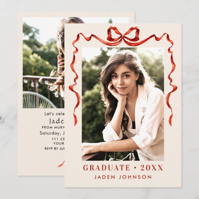 Invitation Trendy Red Bow Ribbon 2 PHOTO Graduation Party (Devant / Derrière)