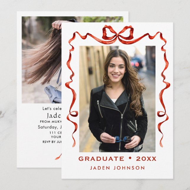 Invitation Trendy Red Bow Ribbon 2 PHOTO Graduation Party (Devant / Derrière)