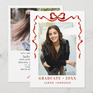 Invitation Trendy Red Bow Ribbon 2 PHOTO Graduation Party