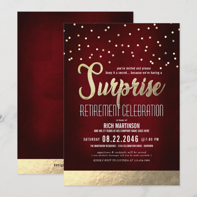 Invitation Trendy Red/Gold Surprise Retraite Party (Devant / Derrière)