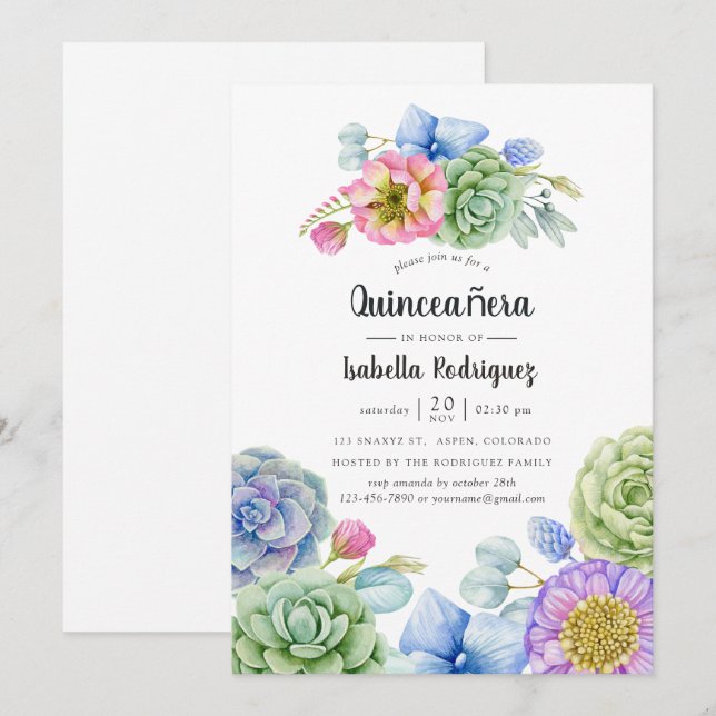 Invitation Trendy Succulent Floral Quinceañera (Devant / Derrière)