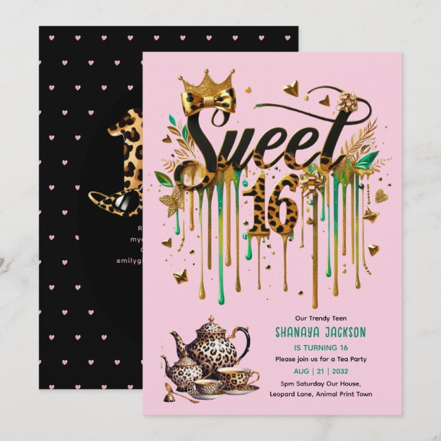 Invitation Trendy Sweet 16 Tea Party Empreinte de léopard (Devant / Derrière)
