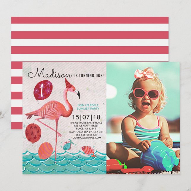 Invitation Trendy Tropical turquoise & rose Flamant rose anni (Devant / Derrière)