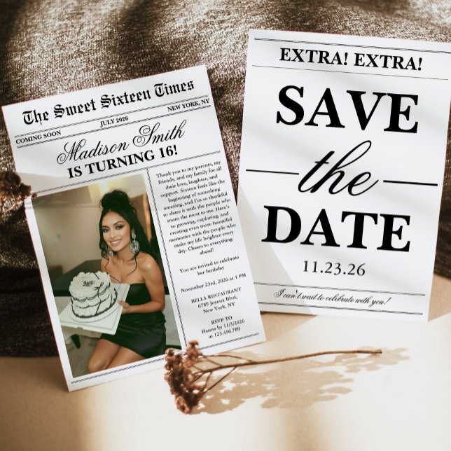 Invitation Trendy Unique Newspaper Photo Sweet 16 (Créateur téléchargé)