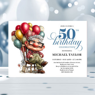 Invitation Trendy Whimsical Man 50th Birthday Funny Humor  