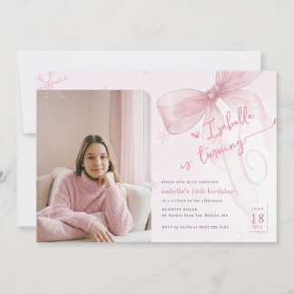 Invitation Trendy Winter Pink Bow Girl Photo 16th Birthday