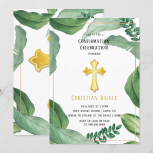Invitation Trendygreenery Gold Cross Confirmation Célébration