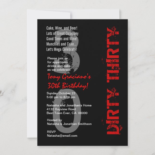 Invitation Trente anniversaire noir blanc rouge Modèle (Devant)