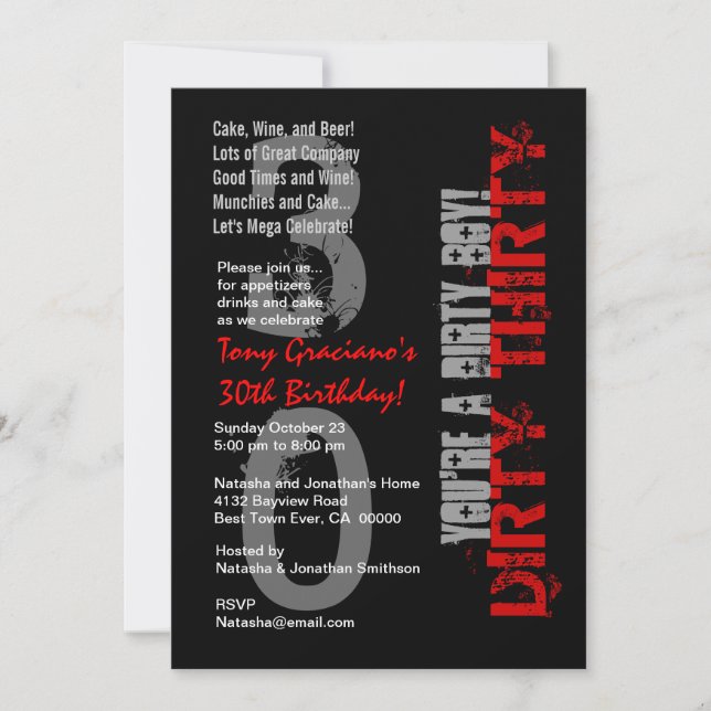 Invitation Trente Anniversaire Noir Blanc Rouge Sale Garçon (Devant)