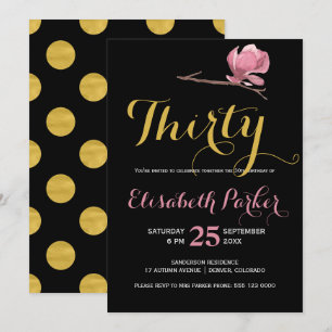 Invitation Trente ans glamour or noir pois floral