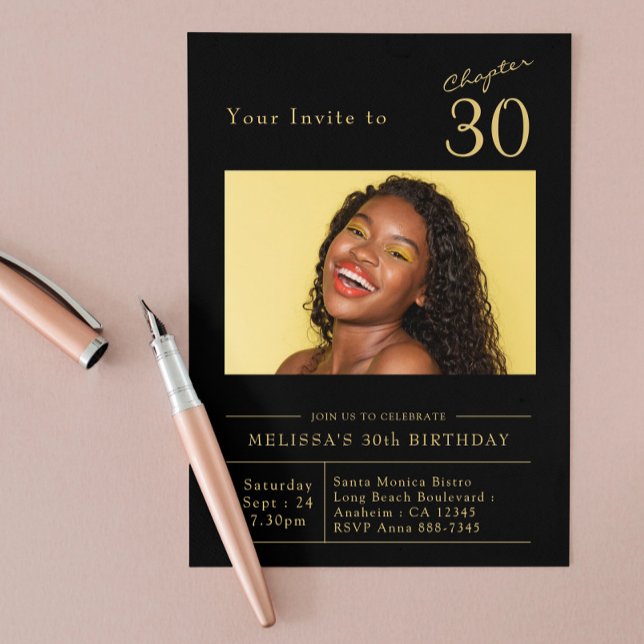 Invitation Trente Black Gold 30th Birthday Party Photo (Black and good 30th birthday invitation on a blush pink background.)