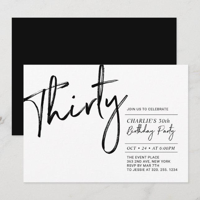Invitation Trente | Black & White Modern 30th Birthday Party (Devant / Derrière)