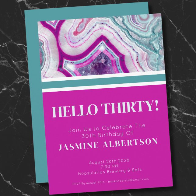 Invitation Trente-dixième fête d'anniversaire moderne (Bright Unique Agate Thirty 30th Birthday Party Invitation)