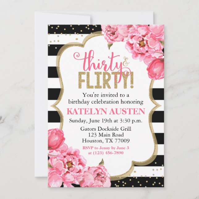 Invitation Trente et Flirty Pink Gold Floral 30e anniversaire (Devant)