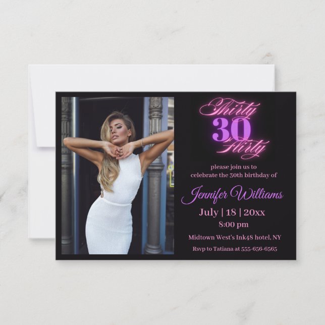 Invitation trente flirt, 30e anniversaire photo rose néon noi (Devant)