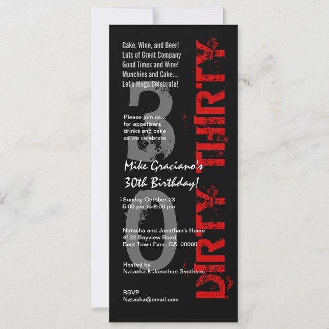 Invitation TRENTE JOUR D'ANNIVERSAIRE Tall noir blanc rouge (Devant)