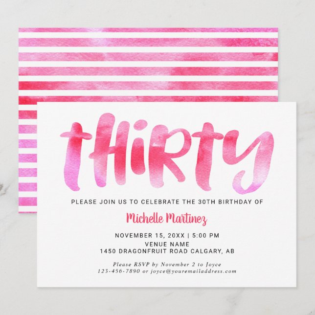 Invitation Trente rose Aquarelle Laver 30ème Anniversaire Fem (Devant / Derrière)