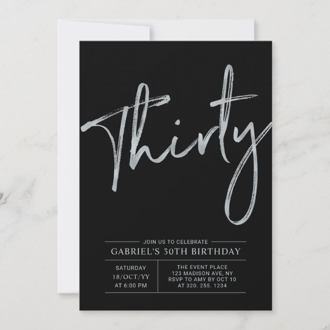 Invitation Trente | Soirée d'Argent et Noir moderne 30e anniv (Devant)