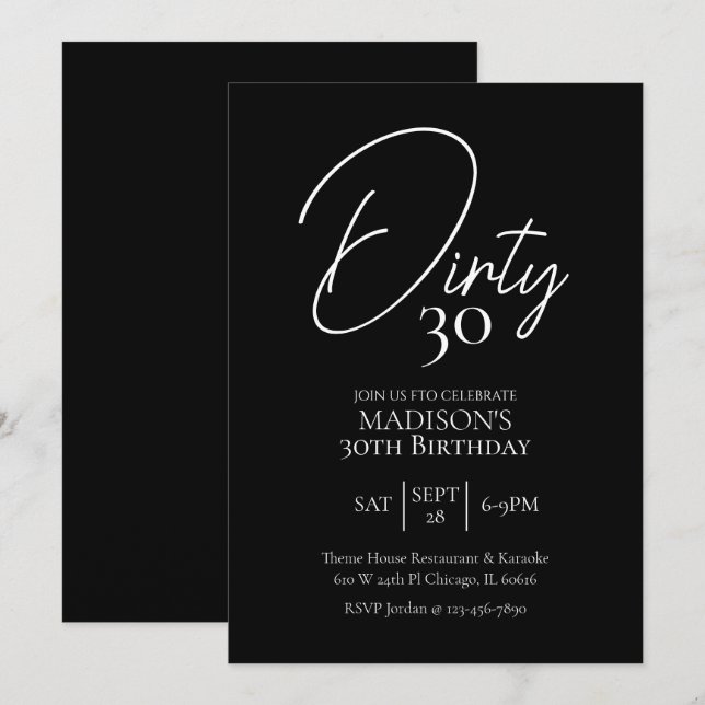Invitation Trente-trente-troisième anniversaire noir et blanc (Devant / Derrière)