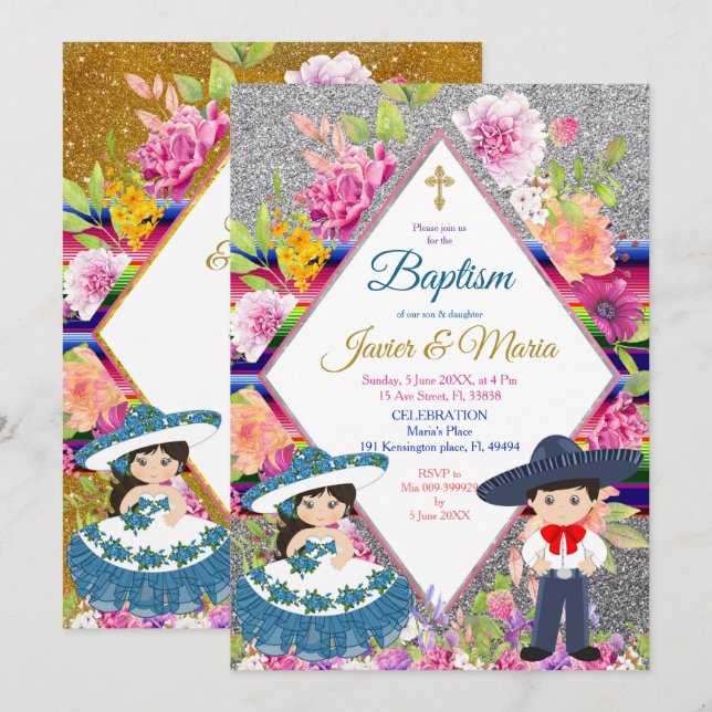 Invitation Tres Anos Marine Mexicaine Fiesta Baptême Invitati (Devant / Derrière)