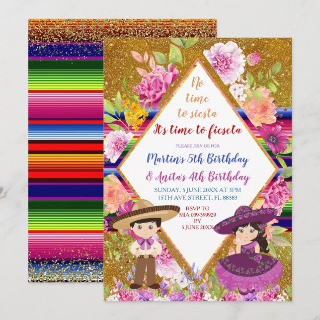 Invitation Tres Anos violet Anniversaire de enfant mexicain F (Devant / Derrière)