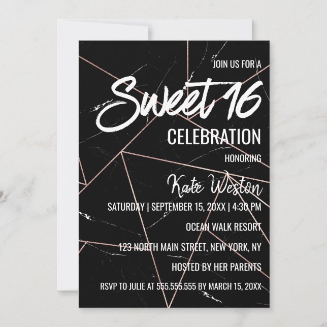 Invitation Tres Chic Noir Marbre Géométrique Or Sweet 16 (Devant)