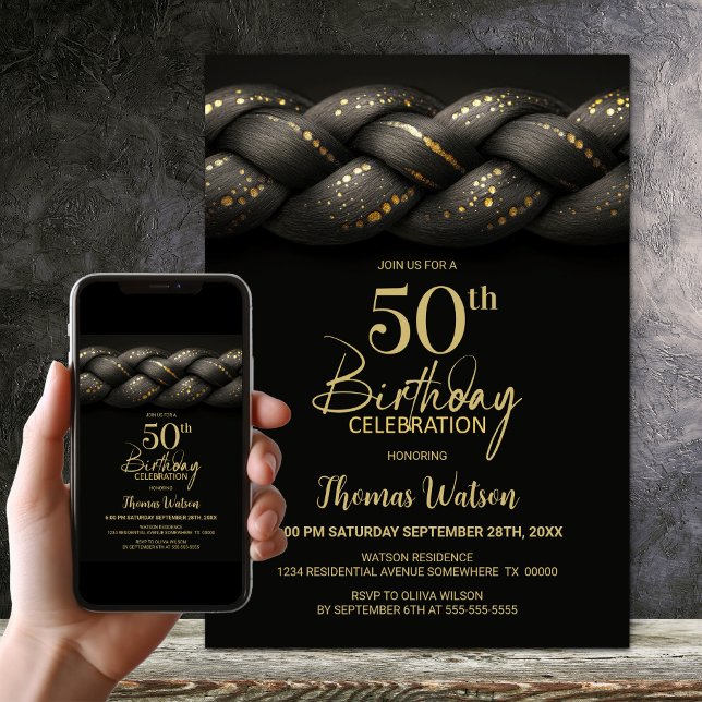 Invitation Tresse d'or gris 50e fête d'anniversaire (Créateur téléchargé)