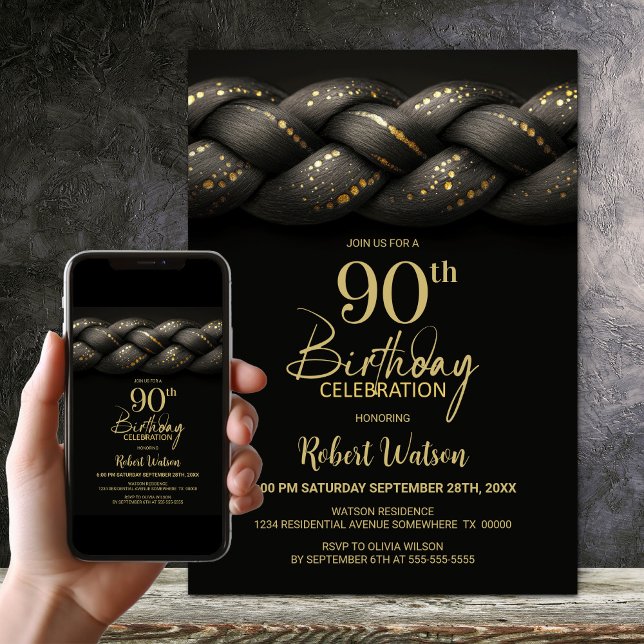 Invitation Tresse d'or gris 90e fête d'anniversaire (Créateur téléchargé)