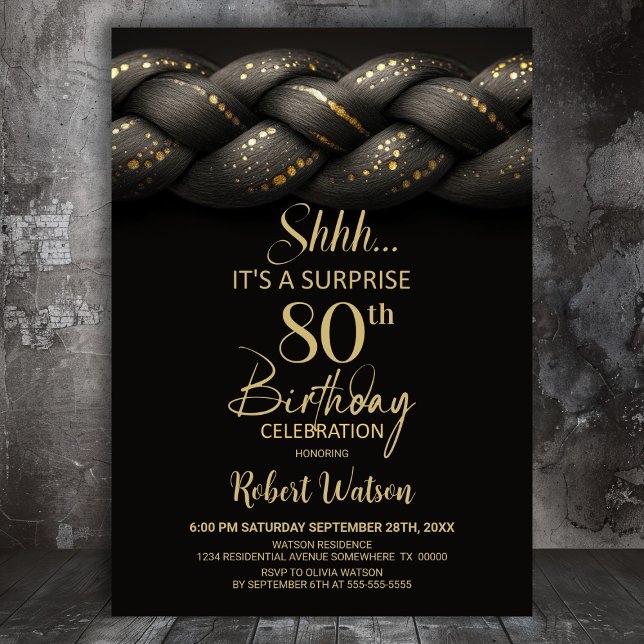 Invitation Tresse d'or gris Surprise 80e fête d'anniversaire (Créateur téléchargé)