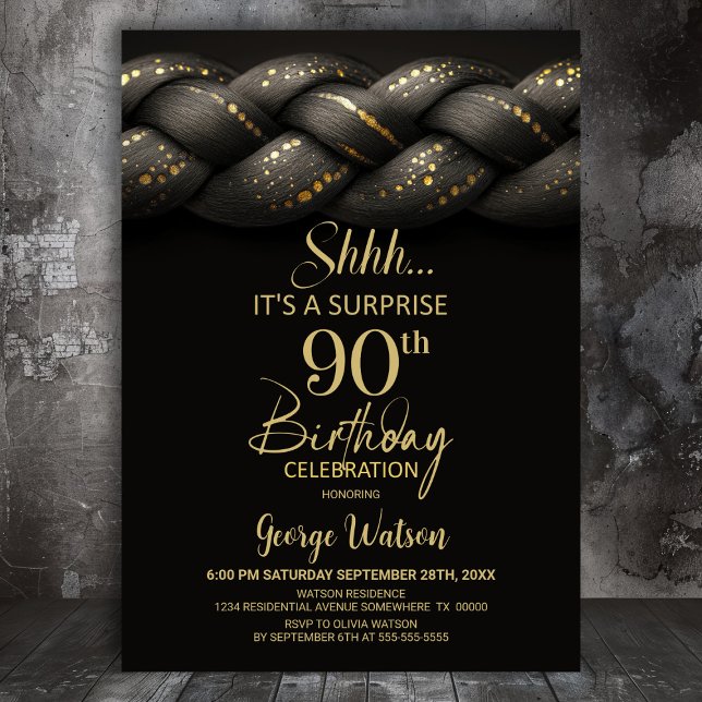 Invitation Tresse d'or gris Surprise 90e fête d'anniversaire (Créateur téléchargé)