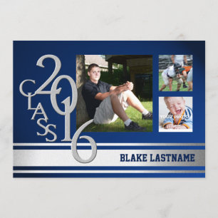 Invitation Tri photo 2016 Silver Varsity Stripe Graduate Bleu
