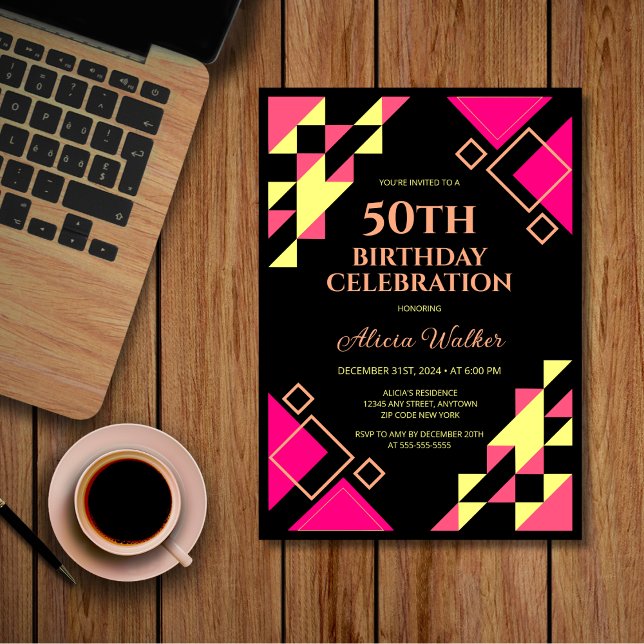 Invitation Triangle rose néon triangle géométrique noir Anniv (Créateur téléchargé)