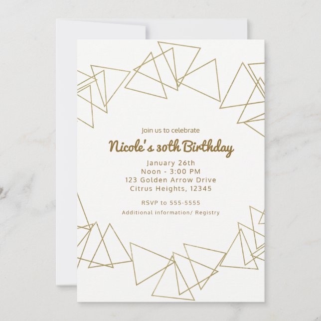 Invitation Triangles géométriques or Fête d'anniversaire mode (Devant)
