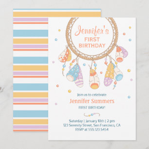 Invitation Tribal Dreamcatcher Boho Baby First 1st Birthday
