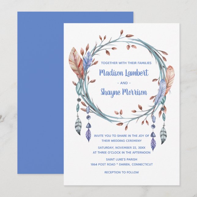 Invitation Tribal Native American Blue Feathers Boho Mariage (Devant / Derrière)
