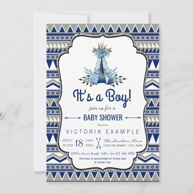 Invitation Tribal Teepee Blue Grey Boho Boho Baby shower (Devant)