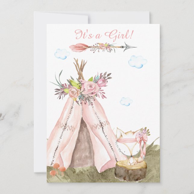 Invitation *~* Tribal Teepee. Boho Woodland Forest Girl Fox (Devant)