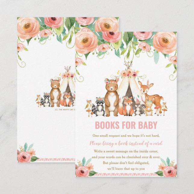 Invitation Tribal Woodland Animals Floral Books for Baby Card (Devant / Derrière)