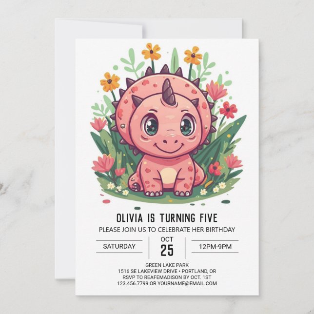 Invitation Tricératops Editable Dinosaur Fille Anniversaire (Devant)