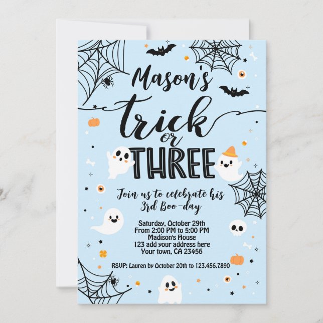 Invitation Trick or Three Blue Halloween Cute Ghost (Devant)