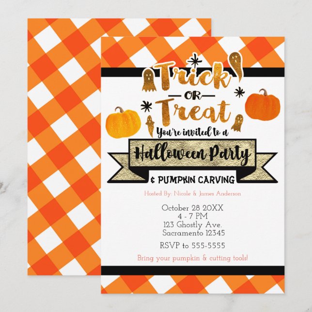 Invitation Trick or Treat Rustic Orange Halloween Party (Devant / Derrière)
